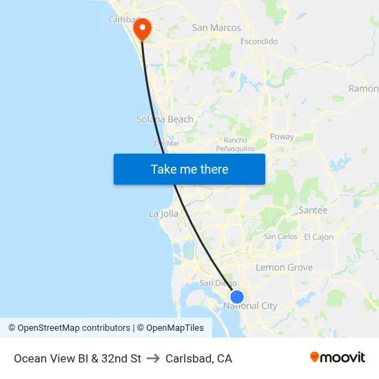 Ocean View Bl & 32nd St to Carlsbad, CA map