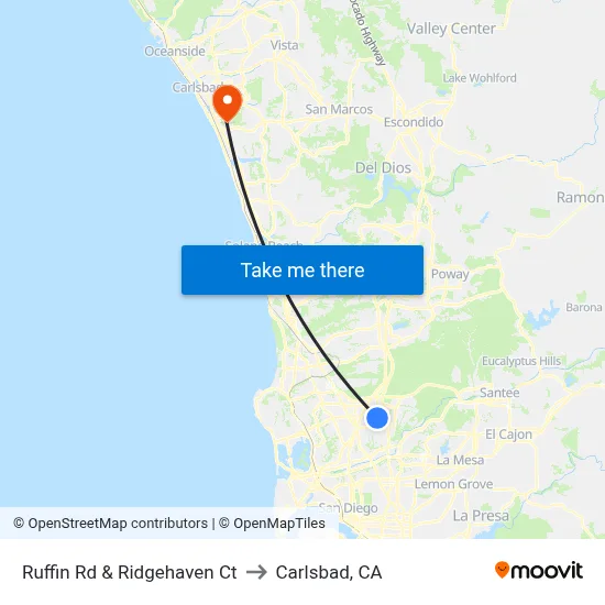 Ruffin Rd & Ridgehaven Ct to Carlsbad, CA map