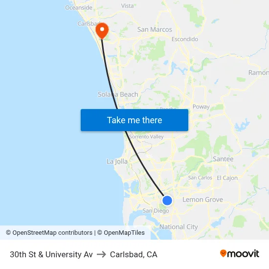 30th St & University Av to Carlsbad, CA map