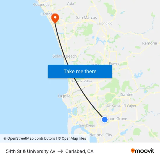 54th St & University Av to Carlsbad, CA map