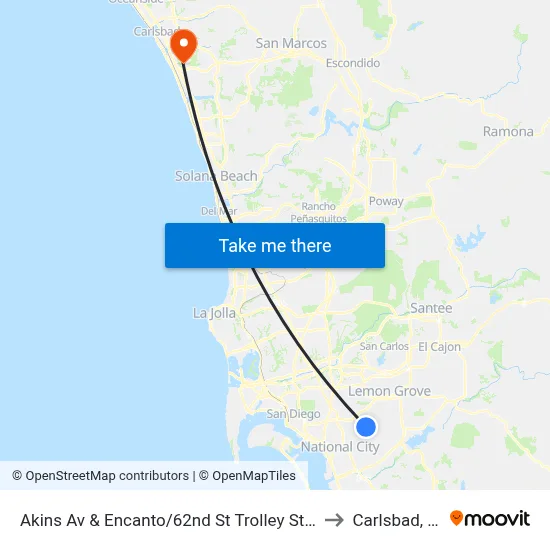Akins Av & Encanto/62nd St Trolley Station to Carlsbad, CA map