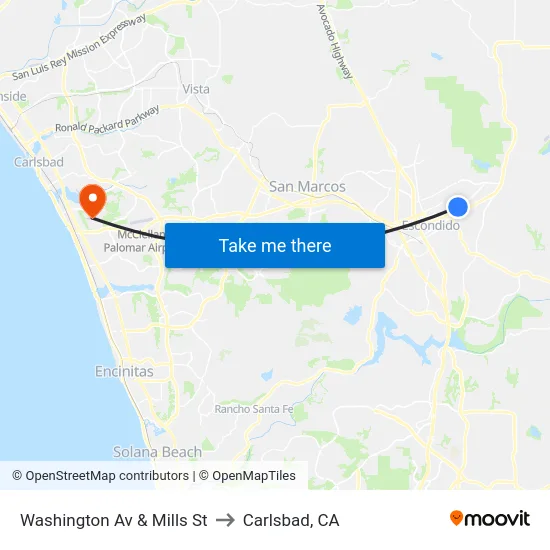 Washington Av & Mills St to Carlsbad, CA map