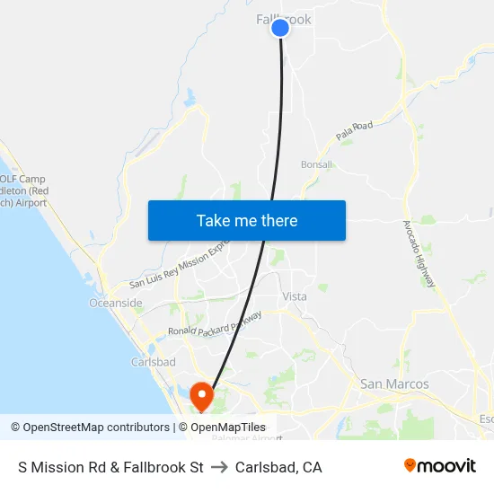 S Mission Rd & Fallbrook St to Carlsbad, CA map