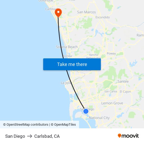 San Diego to Carlsbad, CA map