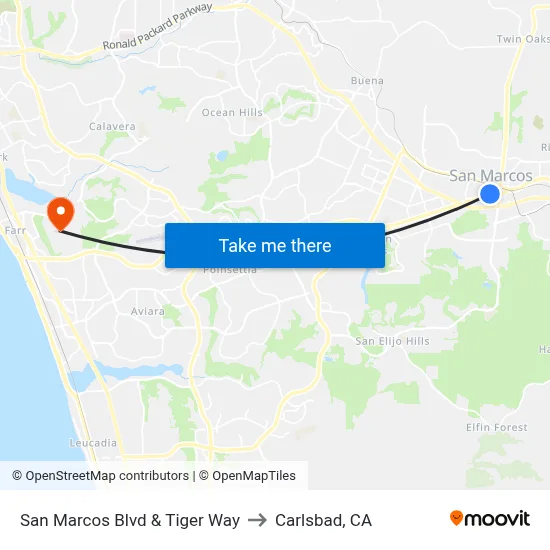 San Marcos Blvd & Tiger Way to Carlsbad, CA map