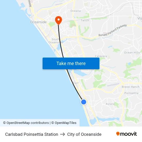 Carlsbad Poinsettia Station to City of Oceanside map
