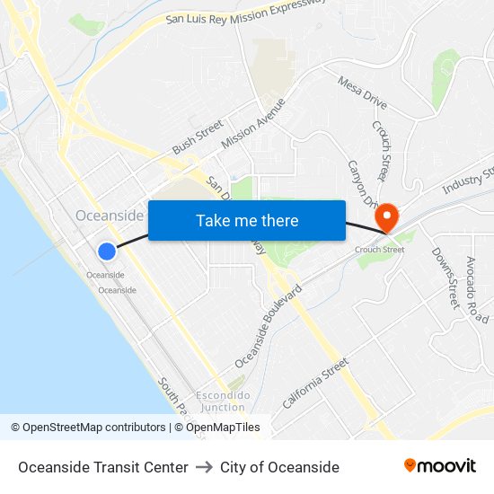 Oceanside Transit Center to City of Oceanside map