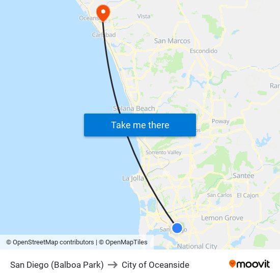 San Diego (Balboa Park) to City of Oceanside map