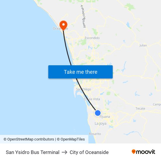 San Ysidro Bus Terminal to City of Oceanside map