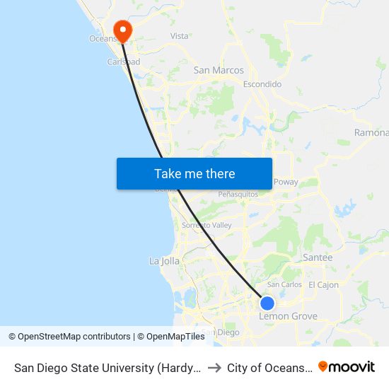 San Diego State University (Hardy Ave) to City of Oceanside map