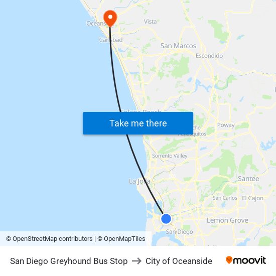 San Diego Greyhound Bus Stop to City of Oceanside map