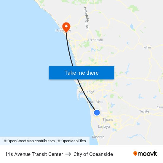 Iris Avenue Transit Center to City of Oceanside map