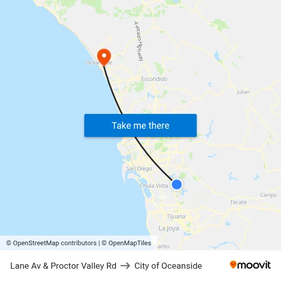 Lane Av & Proctor Valley Rd to City of Oceanside map