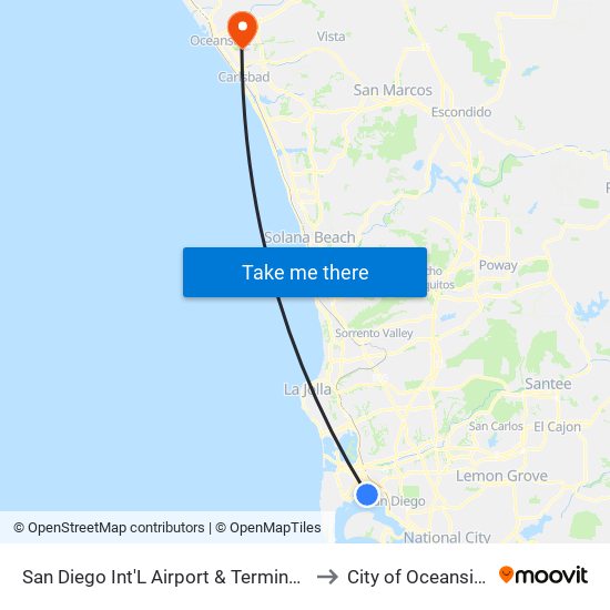 San Diego Int'L Airport & Terminal 1 to City of Oceanside map