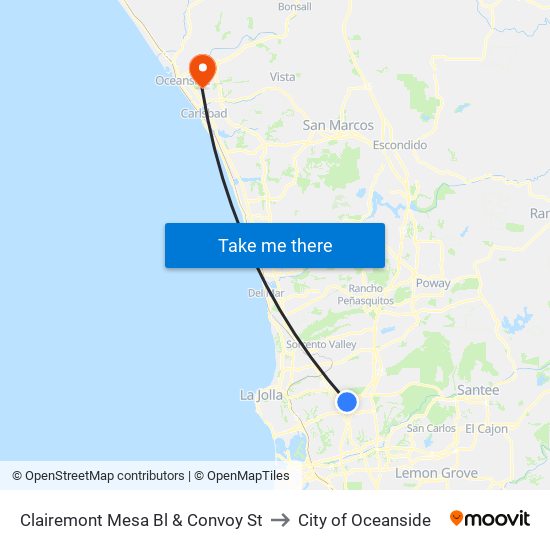 Clairemont Mesa Bl & Convoy St to City of Oceanside map