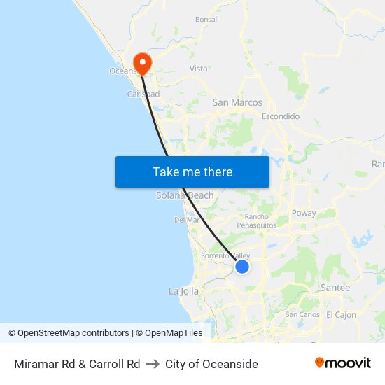 Miramar Rd & Carroll Rd to City of Oceanside map