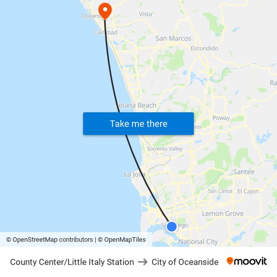 County Center/Little Italy Station to City of Oceanside map