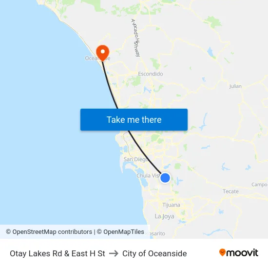 Otay Lakes Rd & East H St to City of Oceanside map
