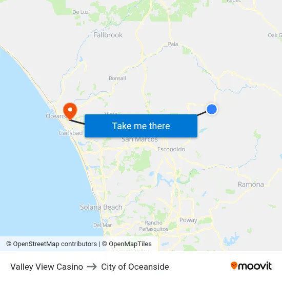 Valley View Casino to City of Oceanside map
