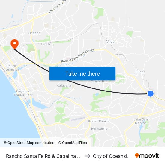 Rancho Santa Fe Rd & Capalina Rd to City of Oceanside map