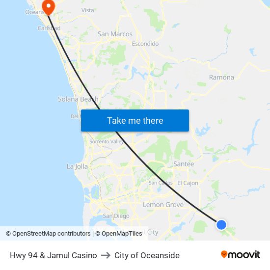 Hwy 94 & Jamul Casino to City of Oceanside map