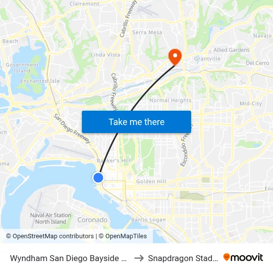 Wyndham San Diego Bayside South to Snapdragon Stadium map
