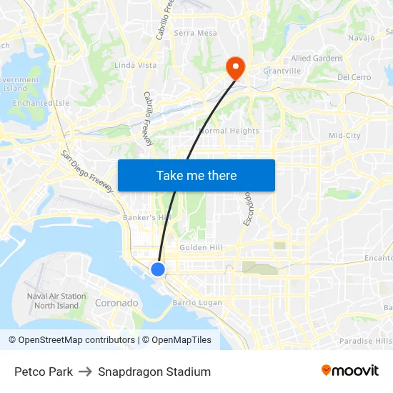 Petco Park to Snapdragon Stadium map