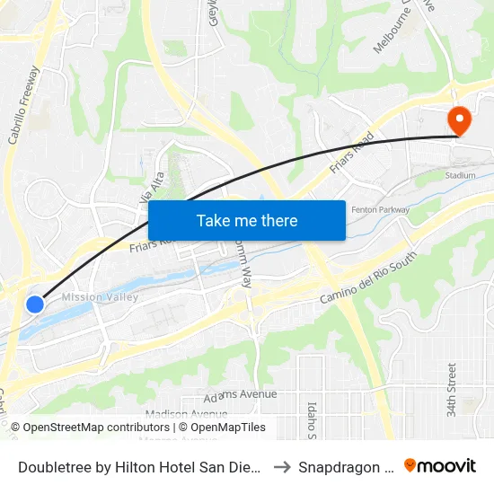 Doubletree by Hilton Hotel San Diego - Mission Valley to Snapdragon Stadium map