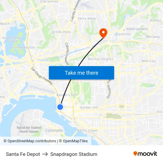 Santa Fe Depot to Snapdragon Stadium map