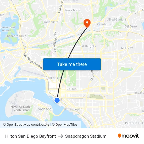 Hilton San Diego Bayfront to Snapdragon Stadium map
