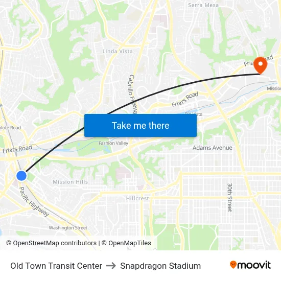 Old Town Transit Center to Snapdragon Stadium map