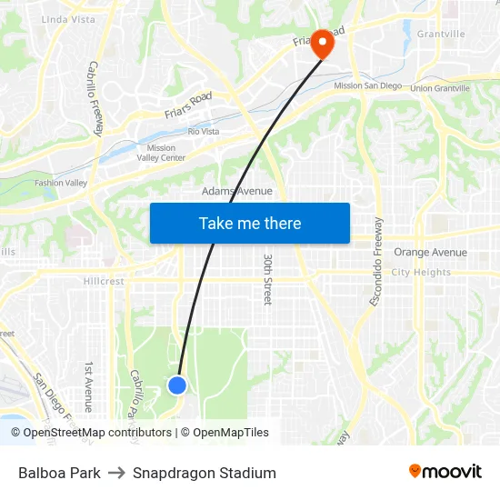 Balboa Park to Snapdragon Stadium map