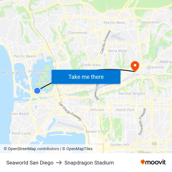 Seaworld San Diego to Snapdragon Stadium map