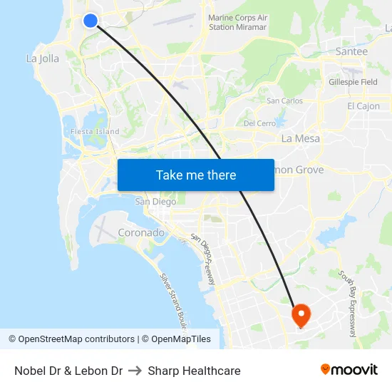 Nobel Dr & Lebon Dr to Sharp Healthcare map