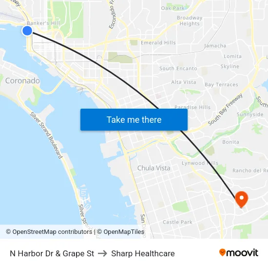 N Harbor Dr & Grape St to Sharp Healthcare map