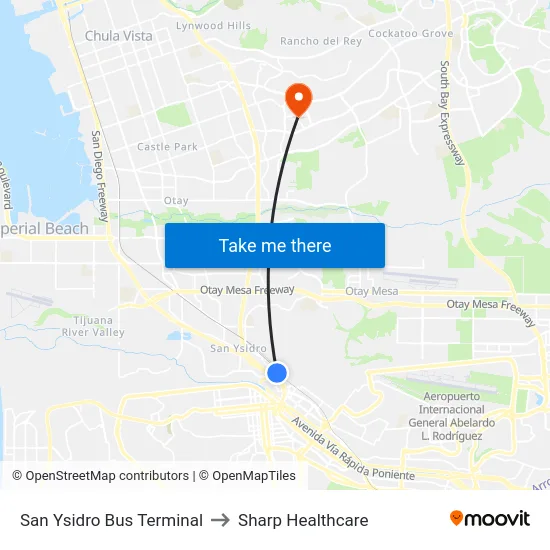 San Ysidro Bus Terminal to Sharp Healthcare map