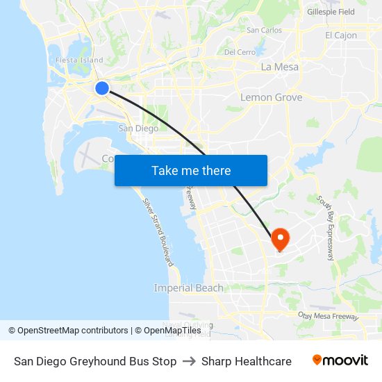 San Diego Greyhound Bus Stop to Sharp Healthcare map