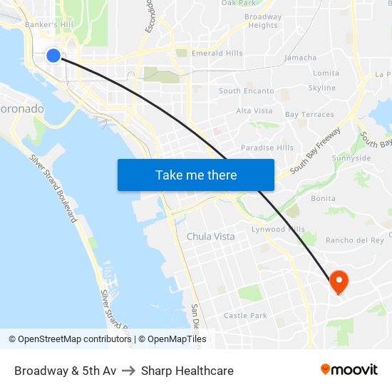 Broadway & 5th Av to Sharp Healthcare map