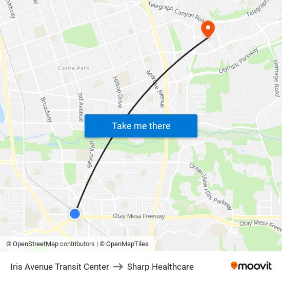 Iris Avenue Transit Center to Sharp Healthcare map