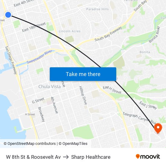 W 8th St & Roosevelt Av to Sharp Healthcare map