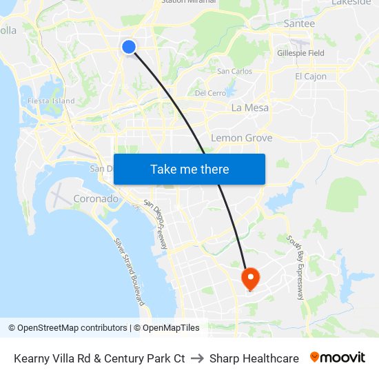 Kearny Villa Rd & Century Park Ct to Sharp Healthcare map