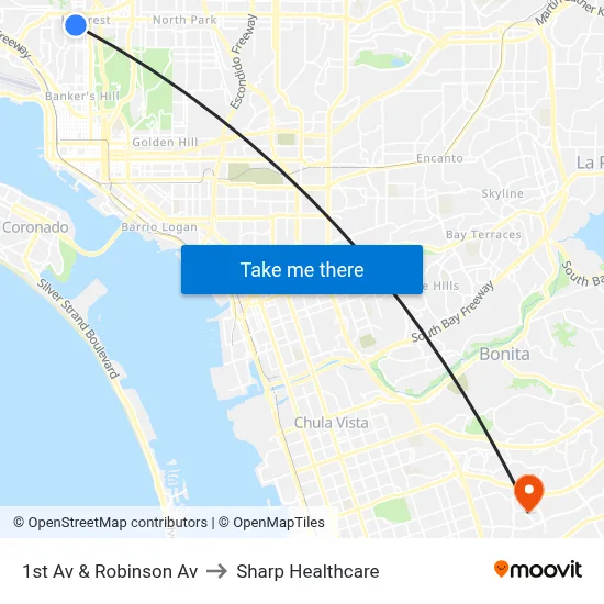 1st Av & Robinson Av to Sharp Healthcare map