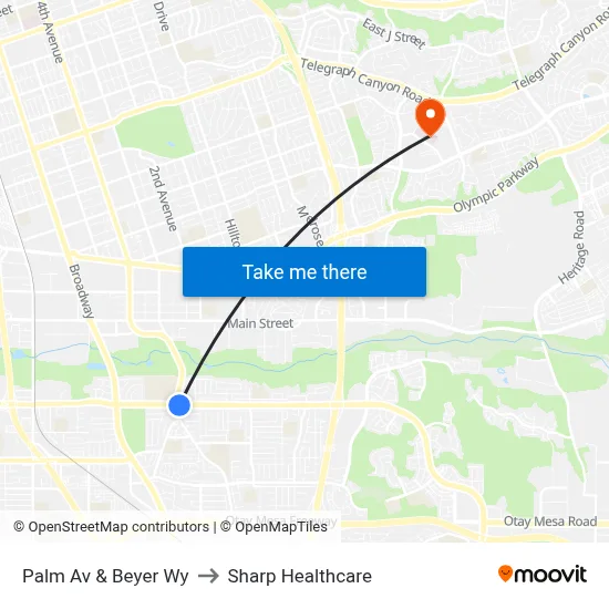 Palm Av & Beyer Wy to Sharp Healthcare map
