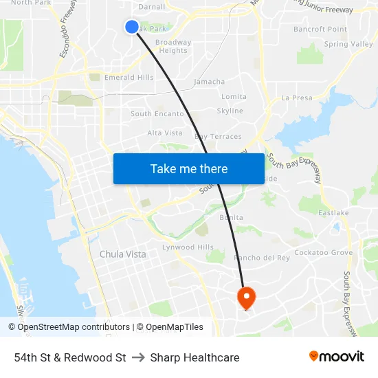 54th St & Redwood St to Sharp Healthcare map