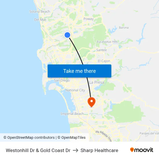 Westonhill Dr & Gold Coast Dr to Sharp Healthcare map