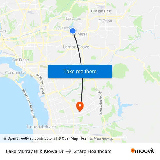 Lake Murray Bl & Kiowa Dr to Sharp Healthcare map