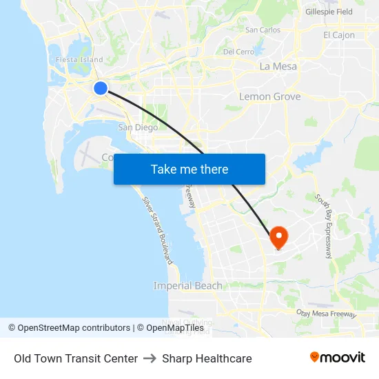 Old Town Transit Center to Sharp Healthcare map