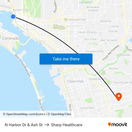 N Harbor Dr & Ash St to Sharp Healthcare map
