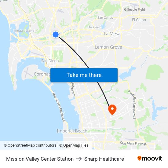 Mission Valley Center Station to Sharp Healthcare map