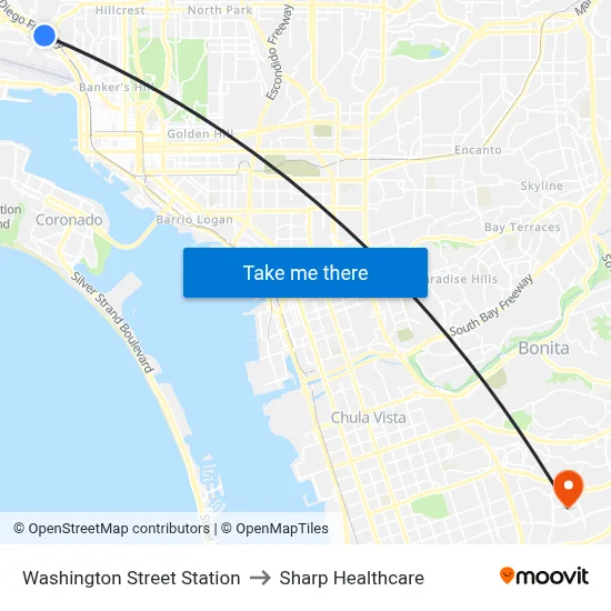 Washington Street Station to Sharp Healthcare map